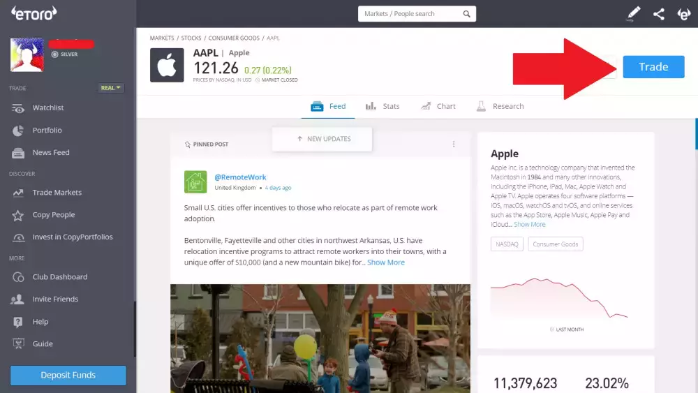 Кнопка "Торговать" на странице акций Apple (AAPL) на eToro